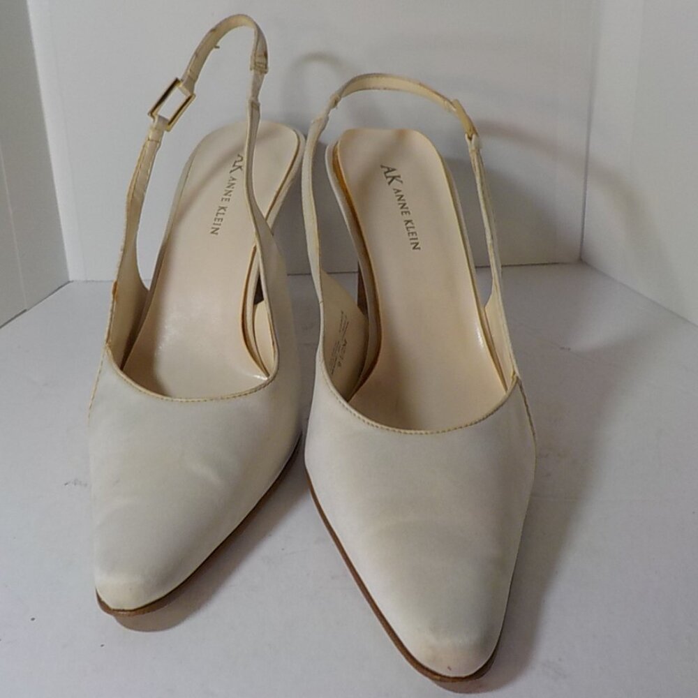 Off White Satin Anne Klein Slingback Pumps with Buckle Detail, Brown Heel